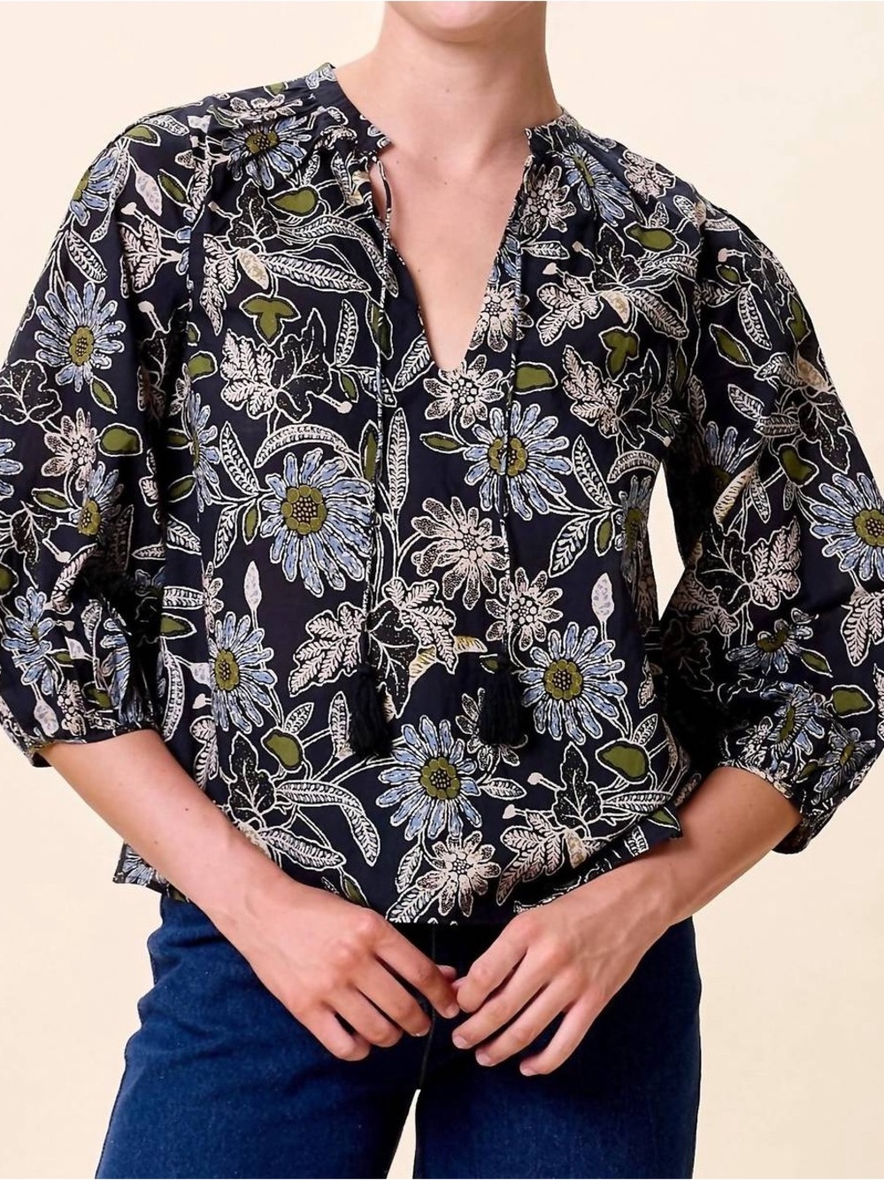 Cleobella Dark Floral Split-Neck Blouse S